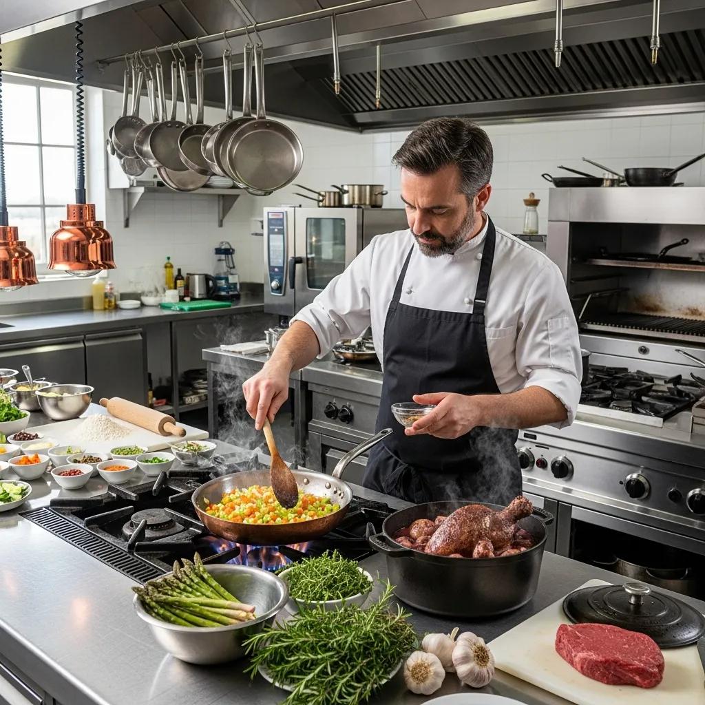 Chef demonstrating traditional French cooking techniques in a professional kitchen, stirring colorful vegetables in a skillet, with various ingredients and tools arranged around him, emphasizing culinary artistry and precision.