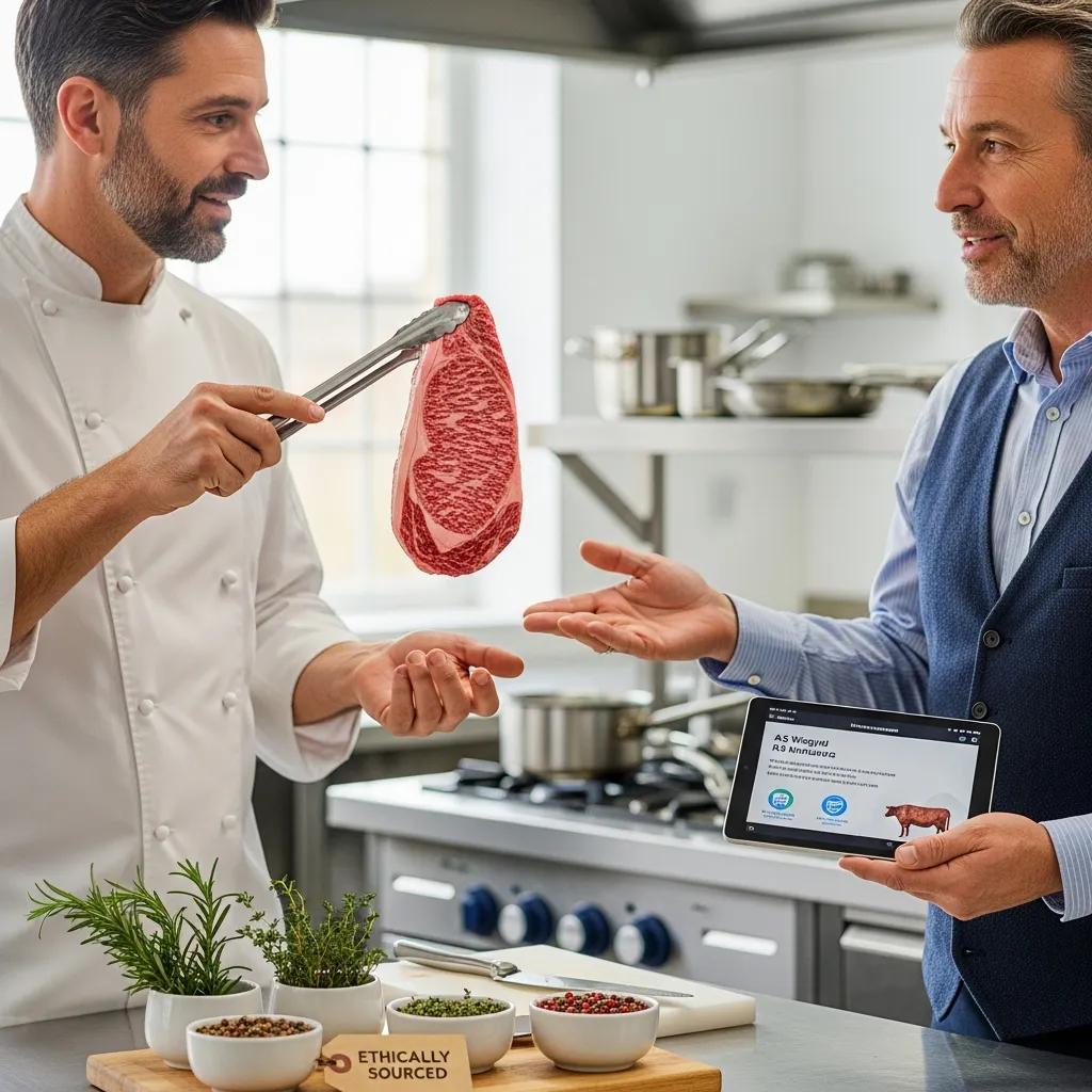 A chef inspecting A5 Wagyu in a light-filled kitchen—an image that underscores provenance and responsible sourcing