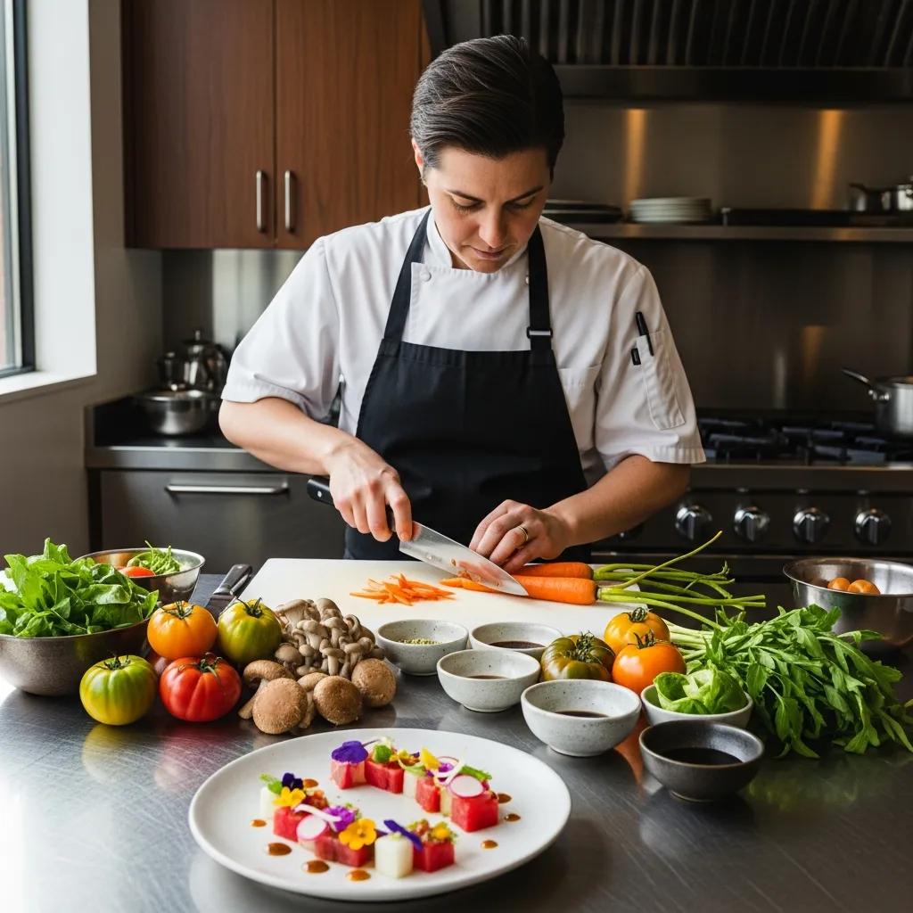 Chef preparing plant-based ingredients in a modern kitchen, showcasing vibrant vegetables and gourmet presentation techniques for fine dining.