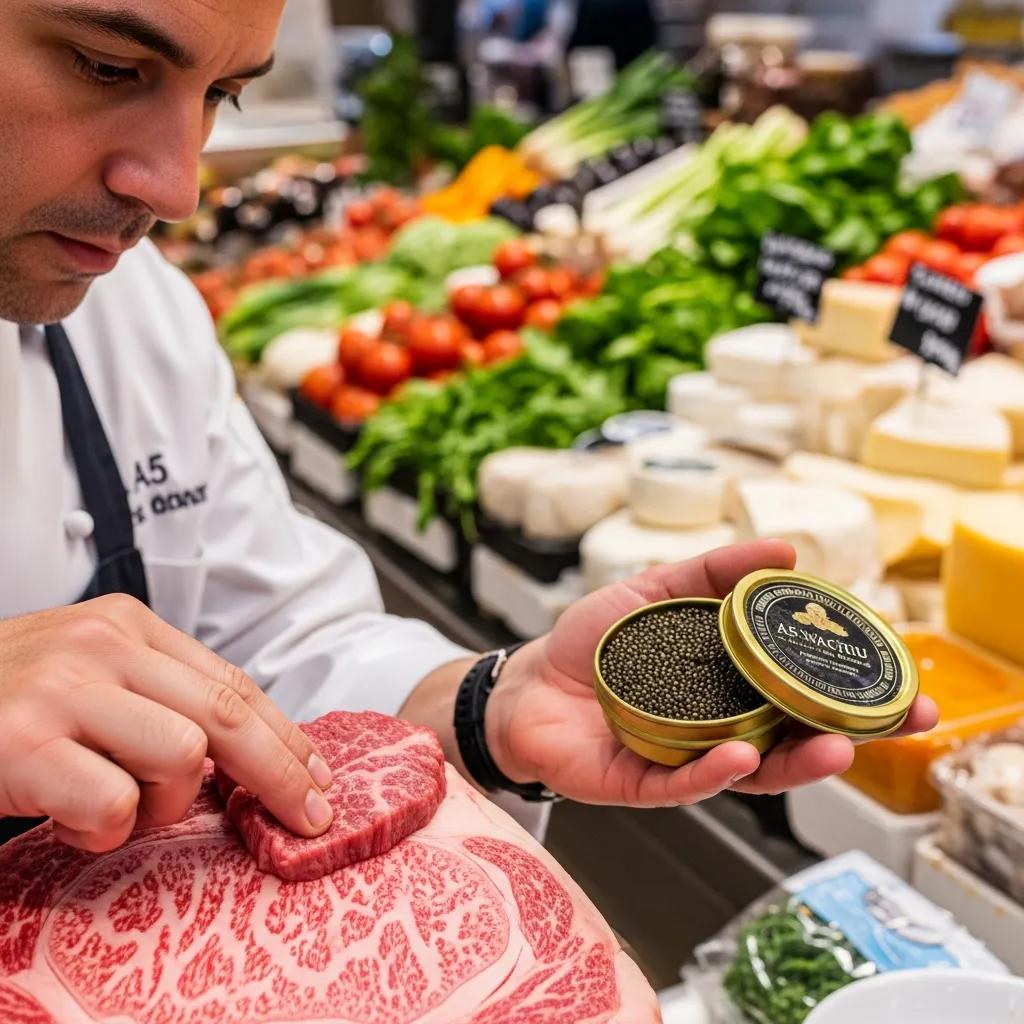 Chef examining A5 Wagyu and caviar at a specialty market