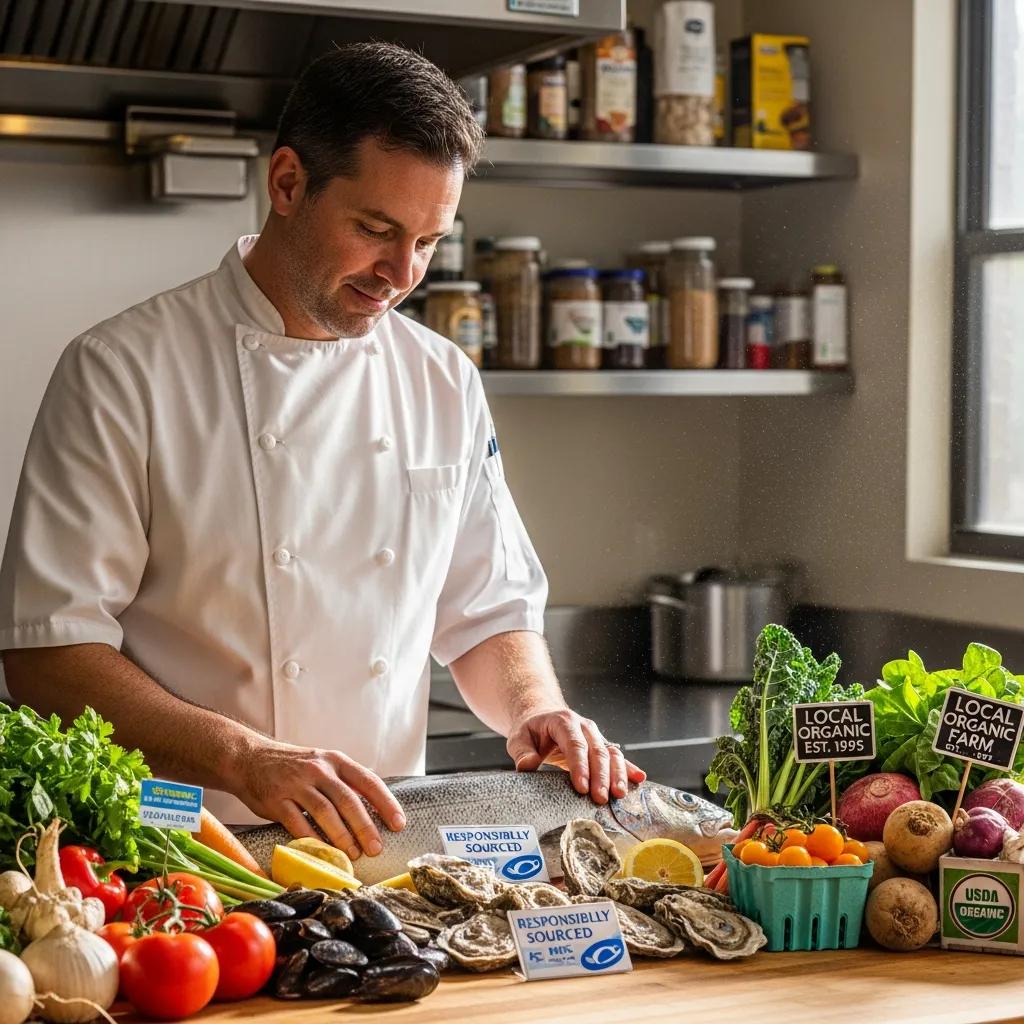 Chef inspecting high-quality, responsibly sourced seafood and organic vegetables in a kitchen, emphasizing sustainable sourcing and ingredient authenticity for fine dining.