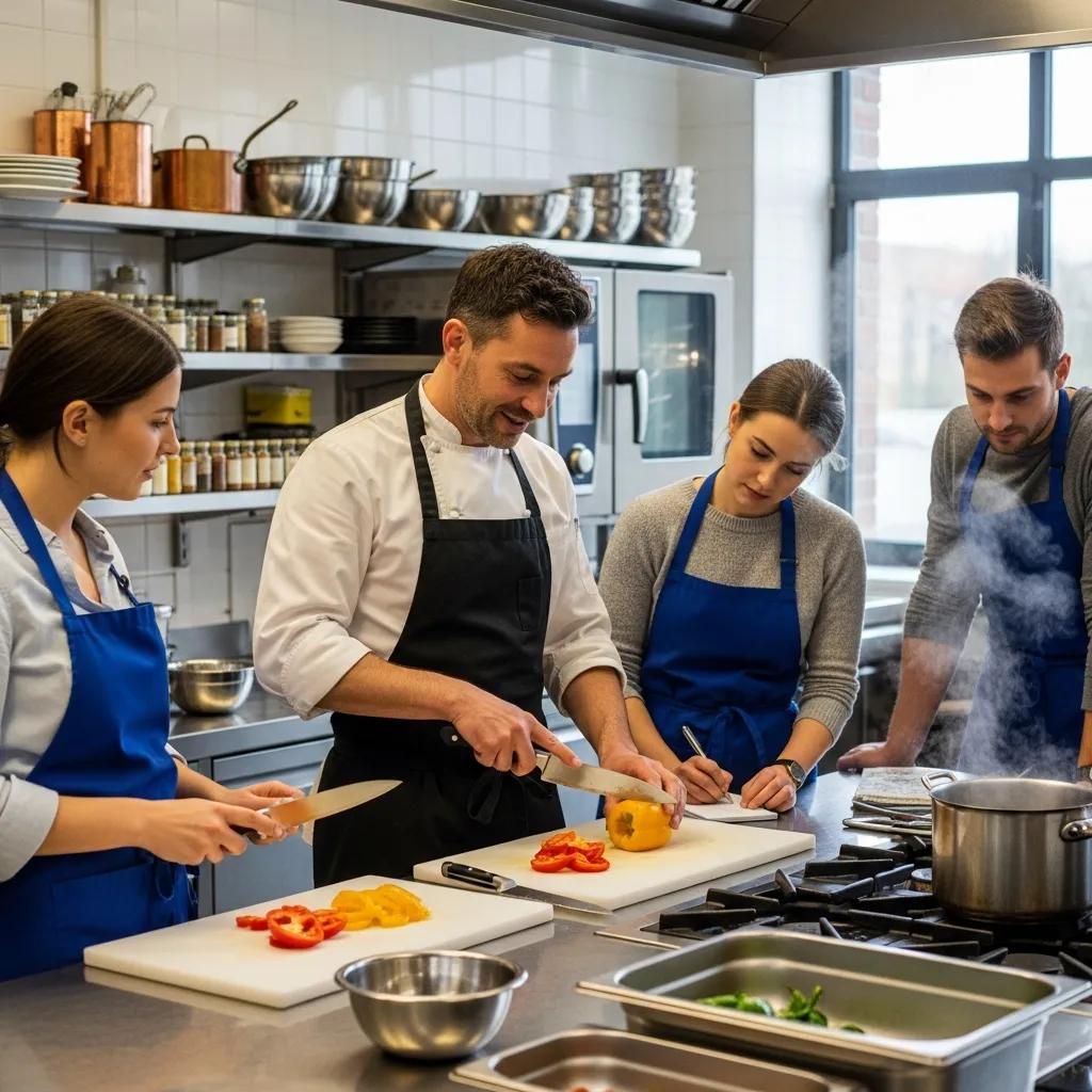 Chef instructing students during a hands-on culinary workshop