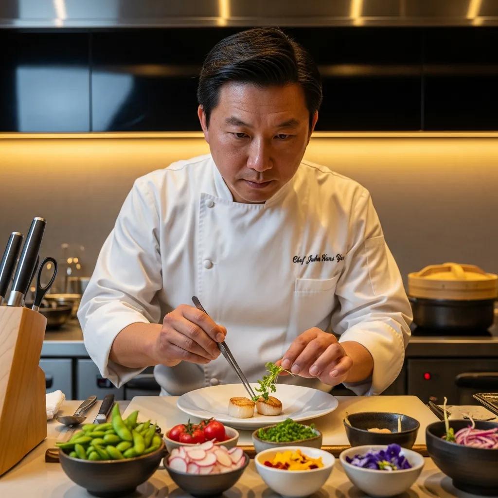 Chef John Hans Yeo delicately plating scallops in a modern Japanese kitchen, surrounded by fresh ingredients like edamame, tomatoes, and colorful garnishes, highlighting culinary precision and artistry in luxury dining.