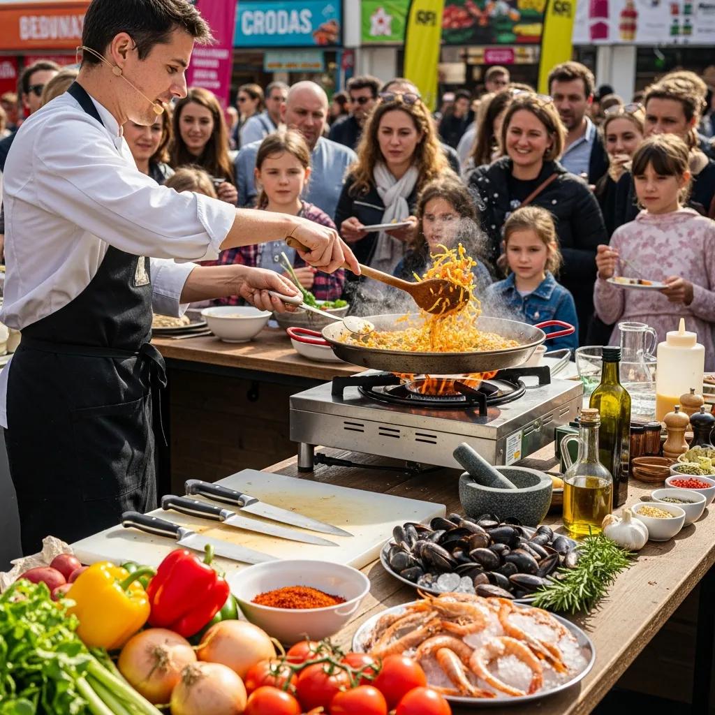 Chef demonstrating dishes to an engaged festival audience with fresh ingredients