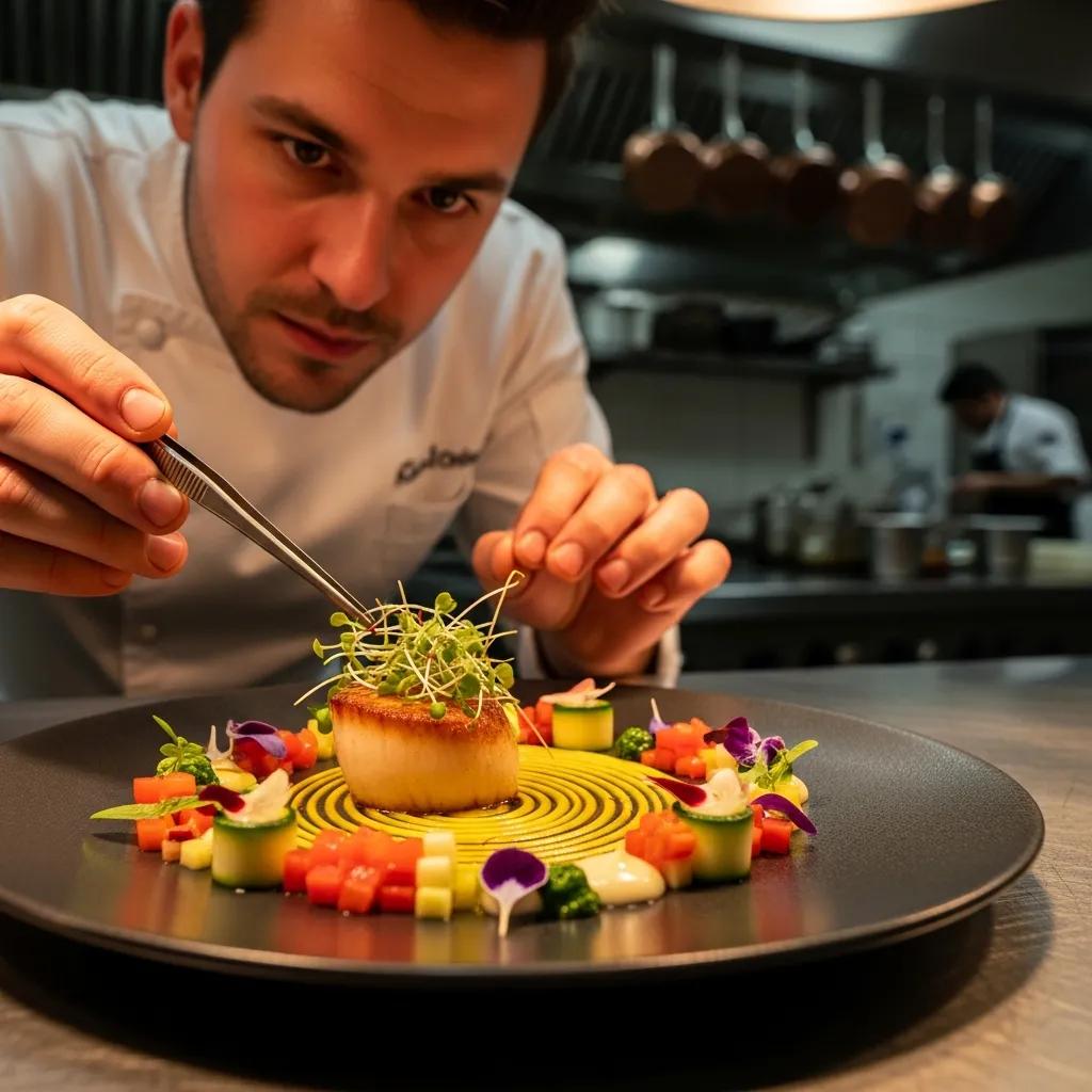 Chef meticulously plating a visually stunning dish, emphasizing texture and color with vibrant vegetables and microgreens, illustrating the importance of visual storytelling in modern food media.