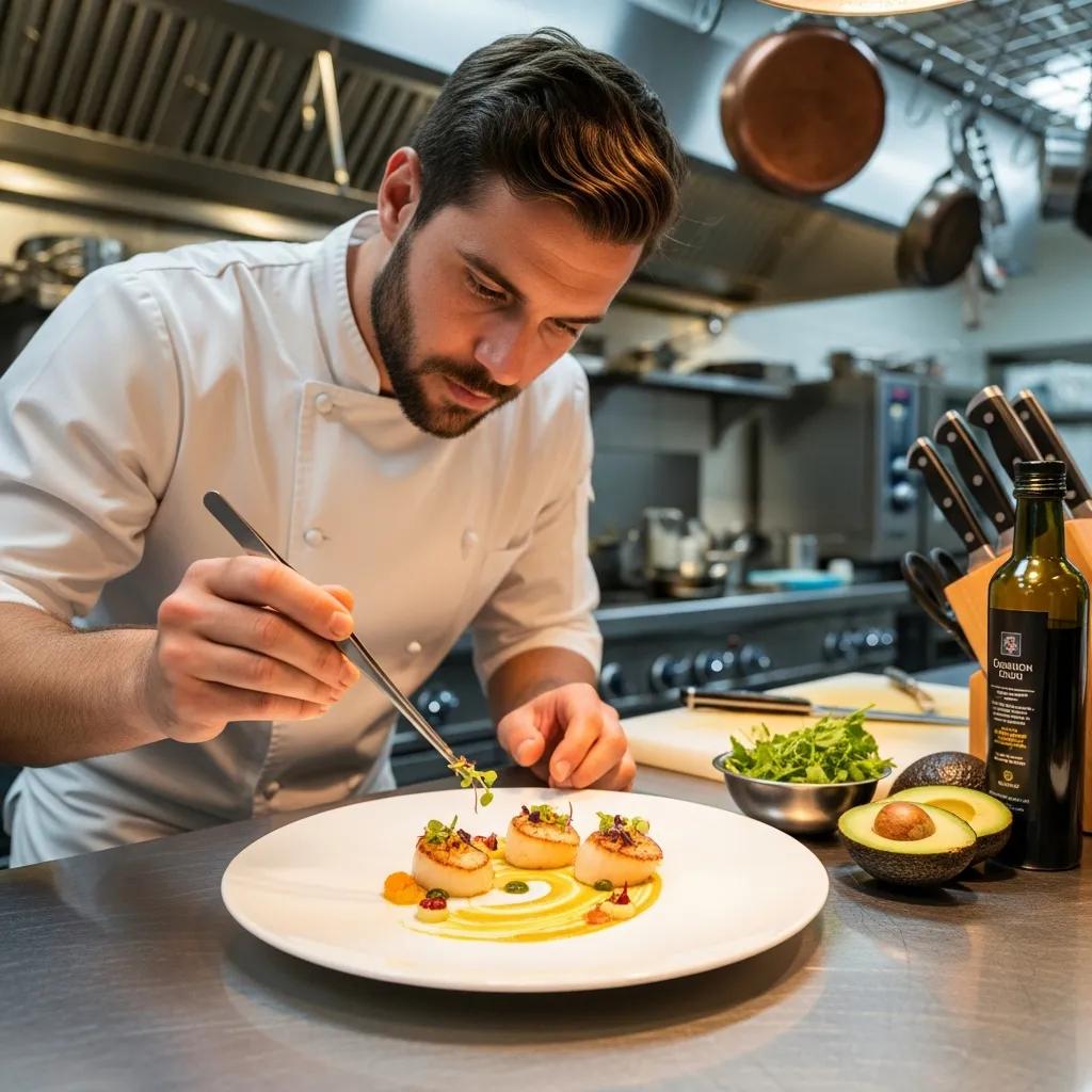 A chef carefully plating a course, emphasizing technique and culinary storytelling