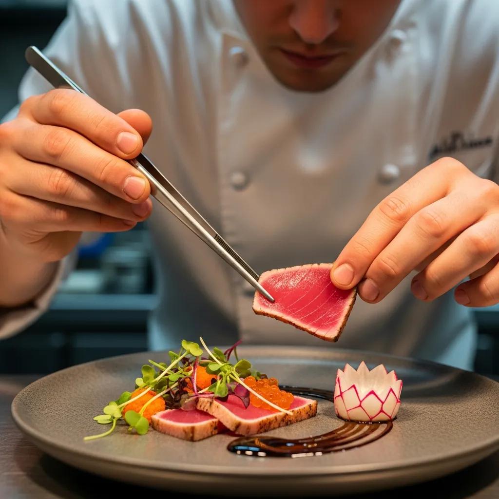 Chef arranging a dish with precise technique and purposeful presentation