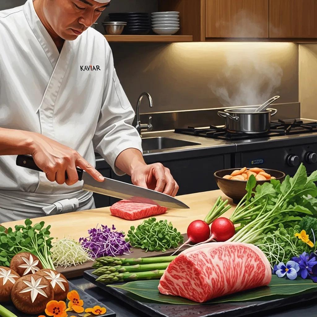 Chef skillfully preparing Miyazaki A5 Wagyu and fresh vegetables using traditional Japanese techniques at Kaviar restaurant, emphasizing culinary precision and ingredient quality.