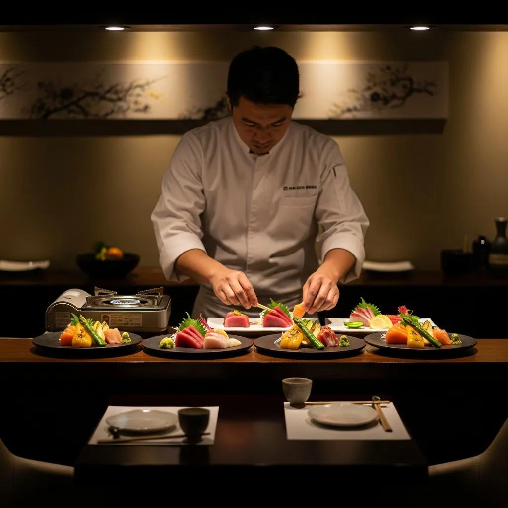 Chef composing a low‑carb omakase of sashimi and grilled vegetables