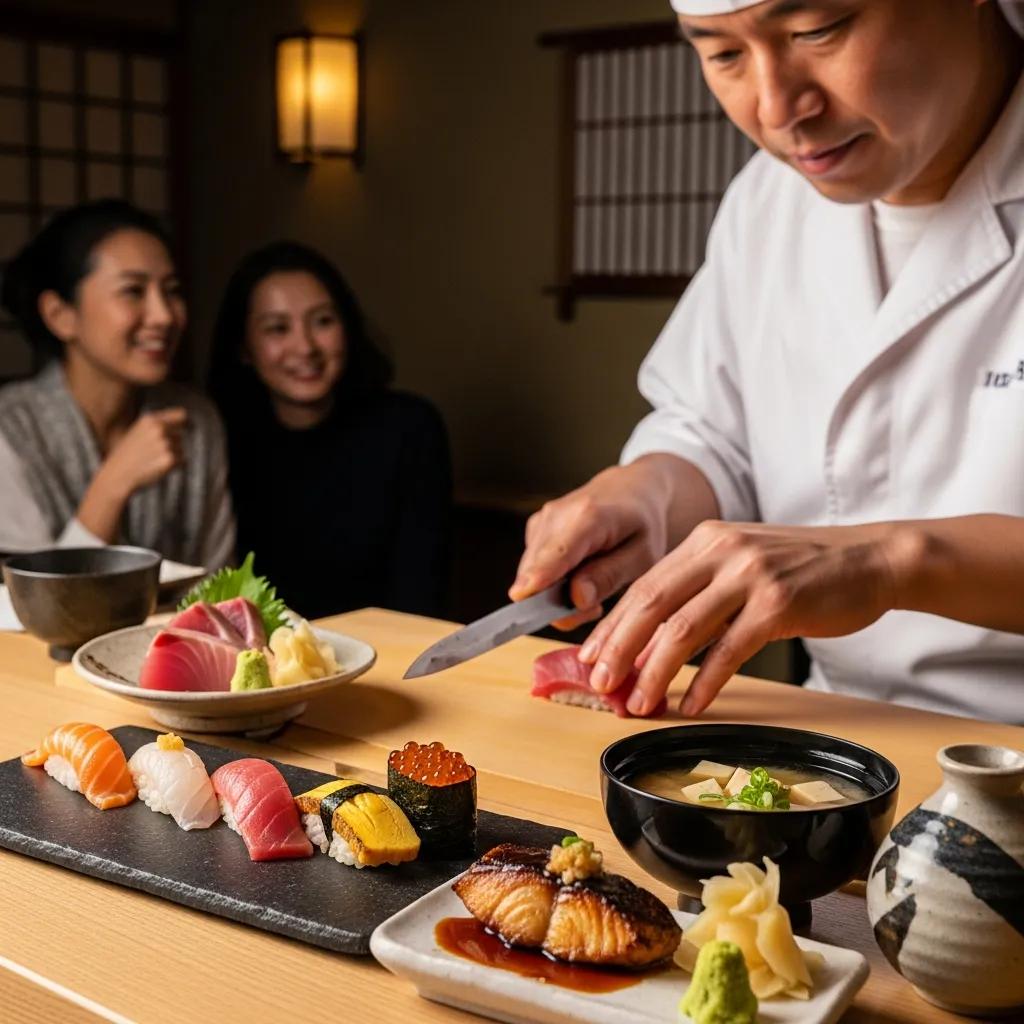 Chef preparing private omakase meal with beautifully plated sushi, featuring fresh sashimi, sushi rolls, and miso soup, in an intimate dining setting with guests enjoying the experience.