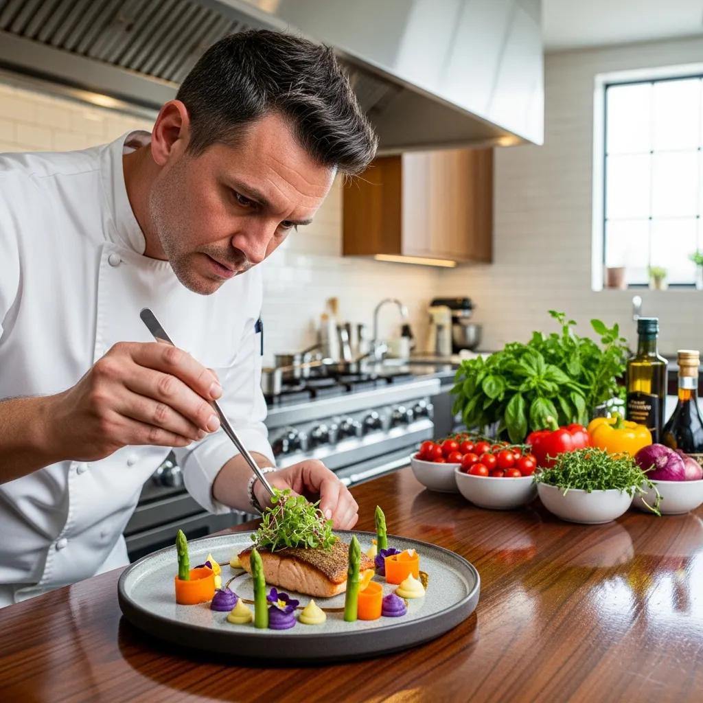 Chef meticulously plating a seasonal dish with vibrant vegetables and herbs, showcasing passion, precision, and purity in a modern kitchen setting.