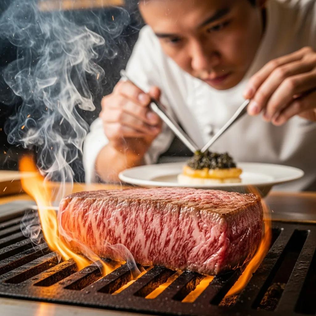 Chef arranging A5 Wagyu and caviar accents on a refined plate