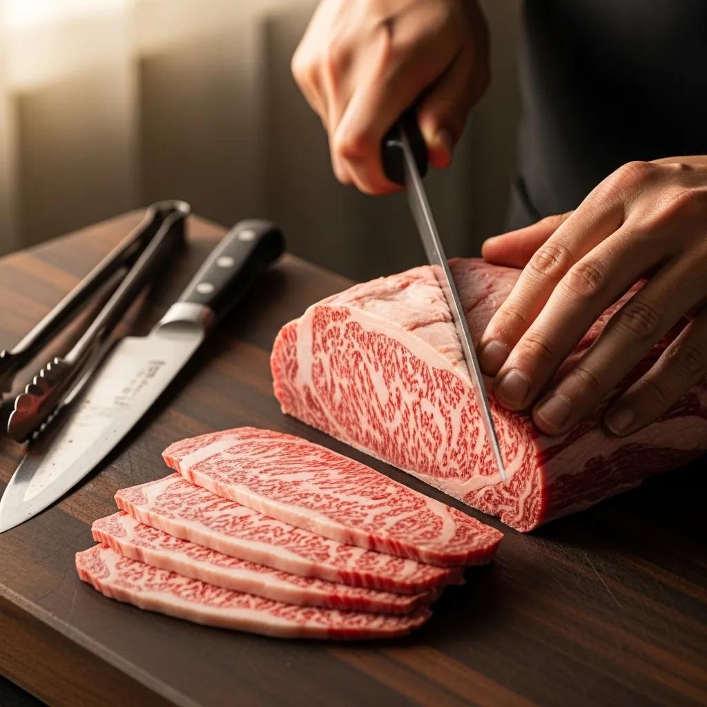 Chef slicing A5 Wagyu beef showcasing its rich marbling and texture in a professional kitchen, with knives and tongs on a wooden cutting board.
