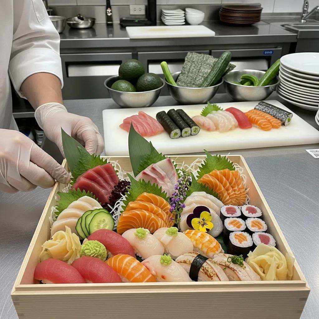Chef assembling a gourmet omakase delivery box featuring an array of sushi and sashimi, with vibrant garnishes and seasonal ingredients, in a professional kitchen setting.