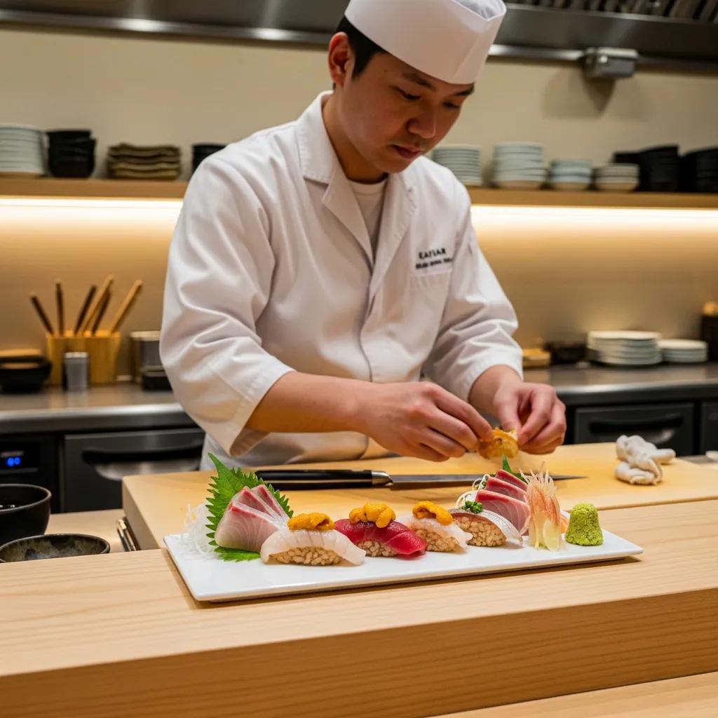 Chef preparing an omakase plate at Kaviar Restaurant, highlighting artistry and precision in Japanese cuisine