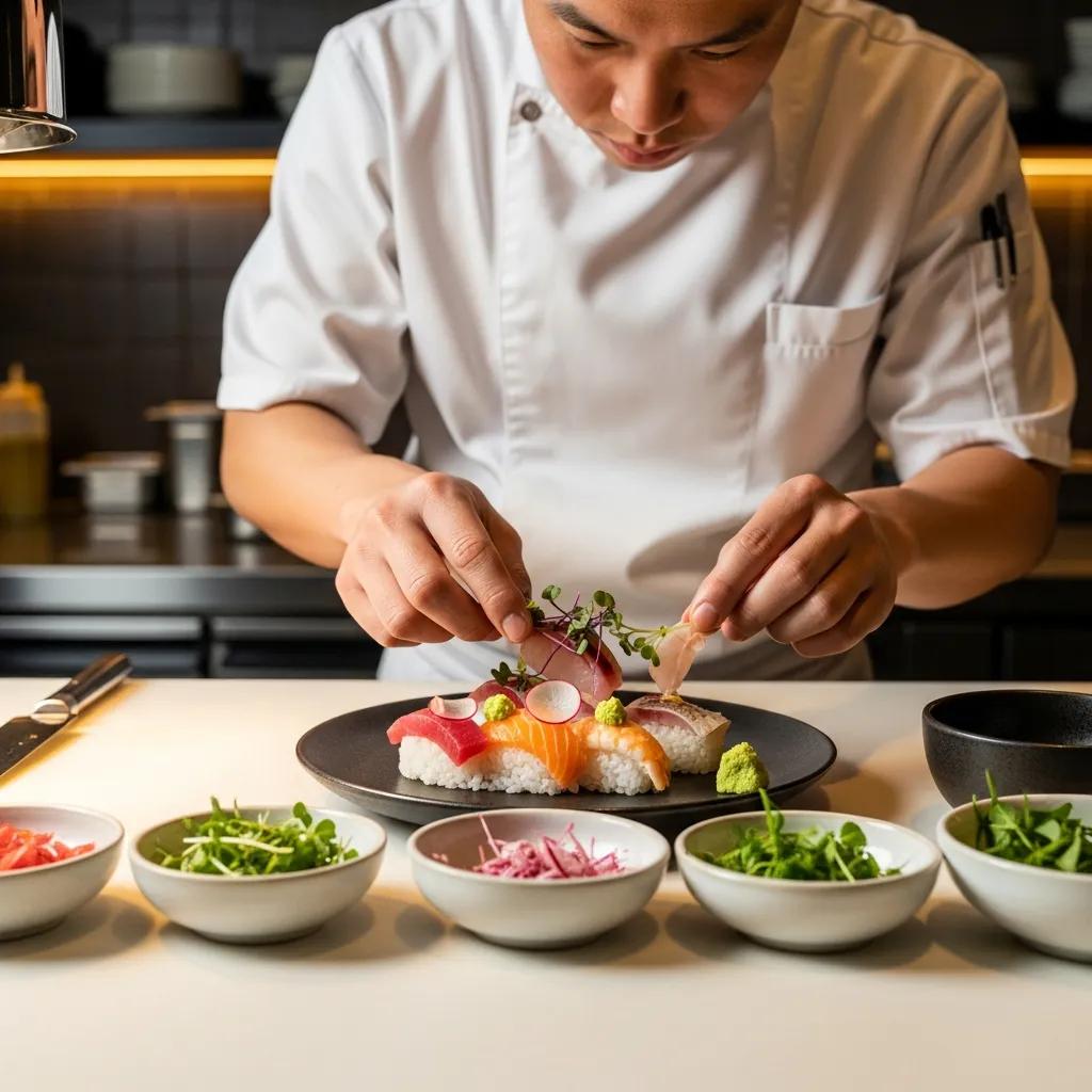 Chef meticulously arranging sushi omakase dish with seasonal fish, garnishes, and wasabi, highlighting culinary artistry in Japanese fine dining at Kaviar Restaurants.