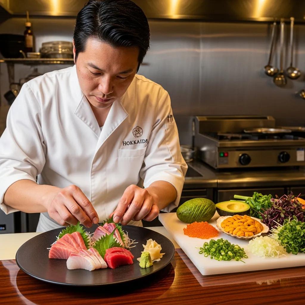 Chef finishing an omakase course, highlighting craftsmanship and seasonal ingredients