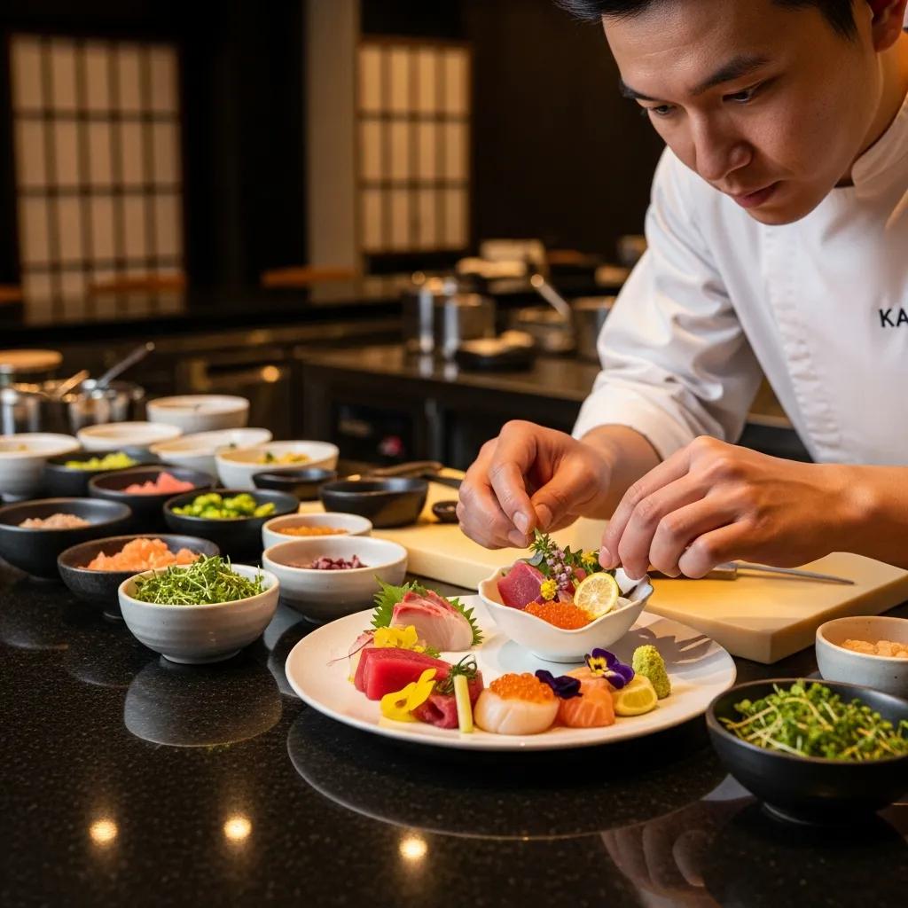 Chef preparing an omakase dish with fresh seafood, seasonal ingredients, and artistic garnishing in a luxury kitchen at Kaviar, highlighting Japanese culinary techniques and premium dining experience.