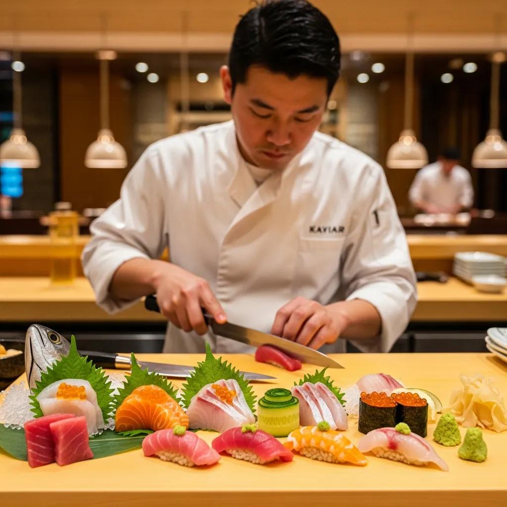 Chef preparing omakase meal at Kaviar, showcasing fresh sushi and sashimi with vibrant presentation, emphasizing seasonal ingredients and culinary artistry.