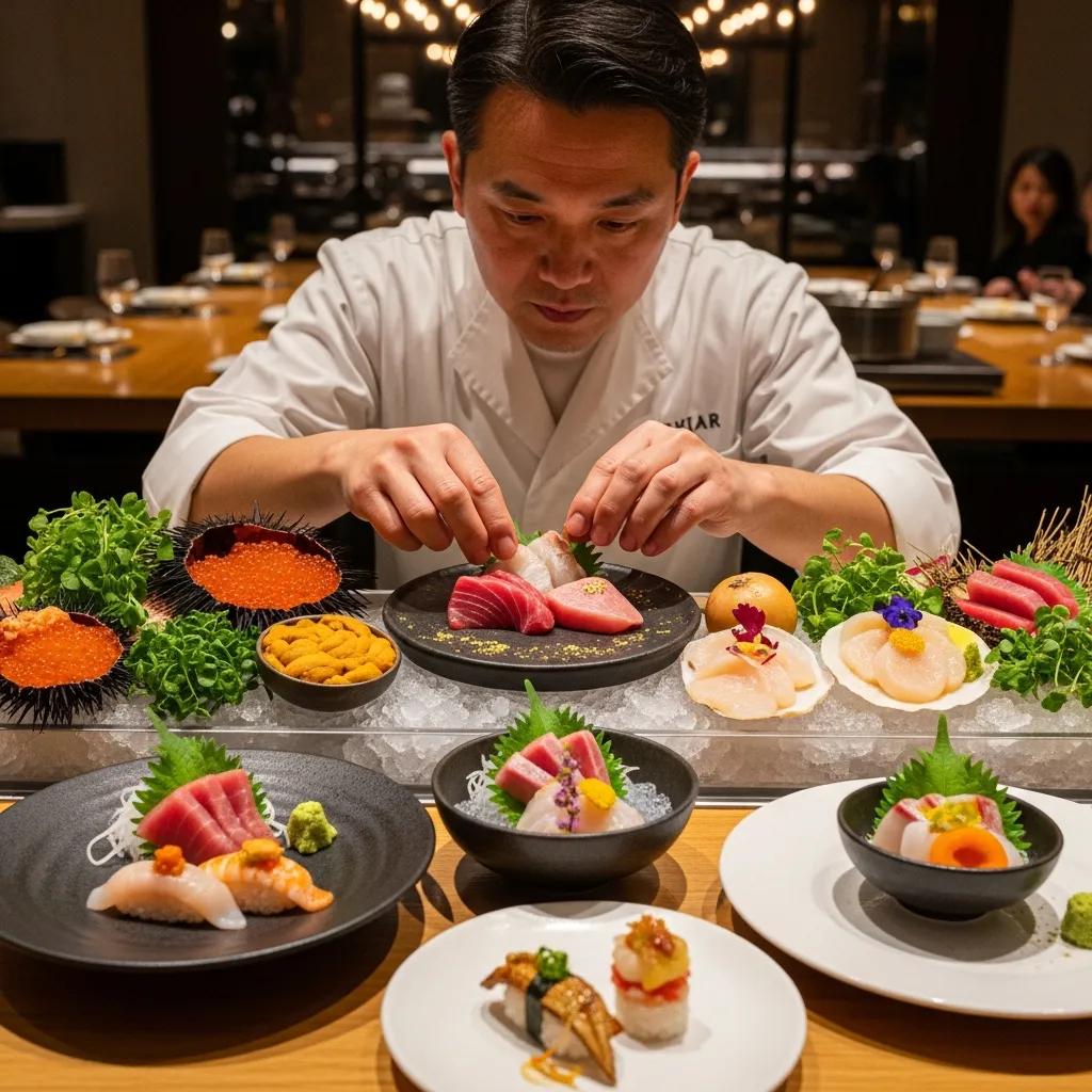 Chef preparing an omakase meal at Kaviar, showcasing vibrant sushi dishes and fresh ingredients, emphasizing seasonal selections and attention to detail for corporate dining experiences.