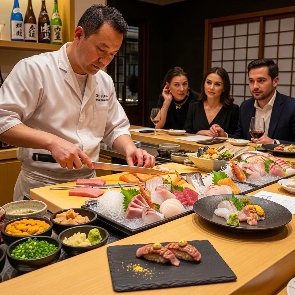 Chef at the counter composing an omakase plate, illustrating personalized fine‑dining service