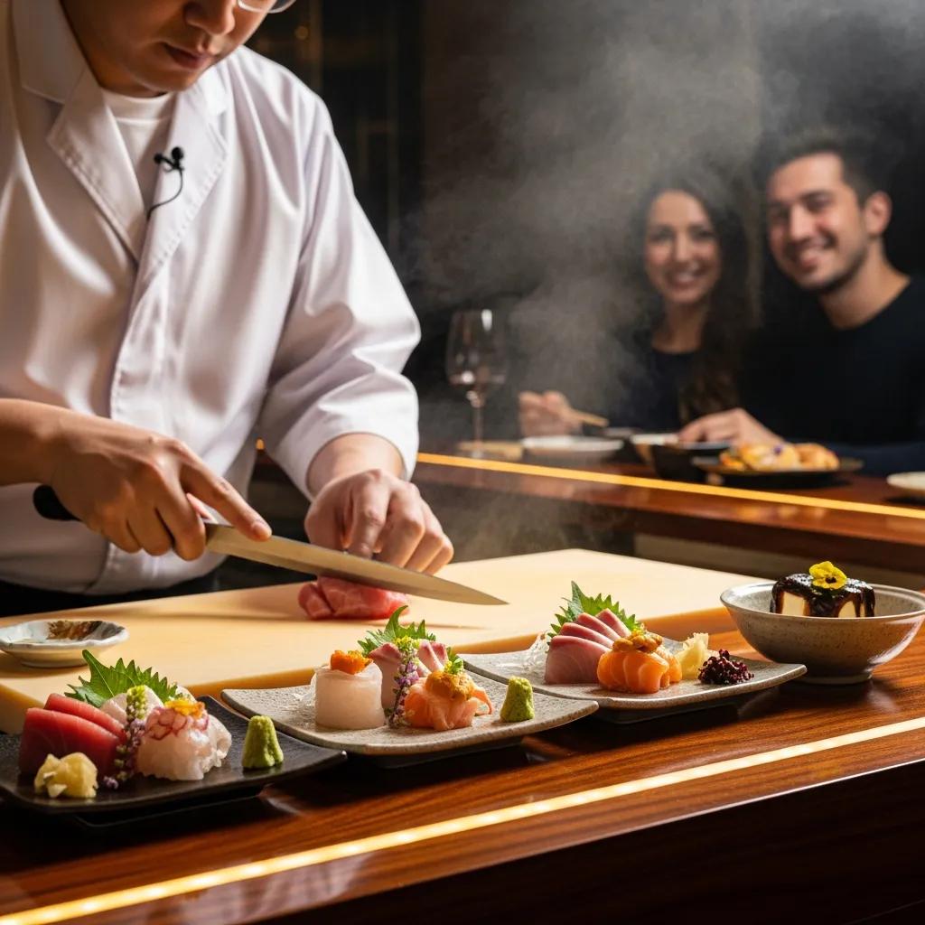 Chef preparing an omakase meal with premium sushi and sashimi, featuring A5 Wagyu and artistic garnishes, in an elegant fine dining setting, with diners enjoying the culinary experience in the background.