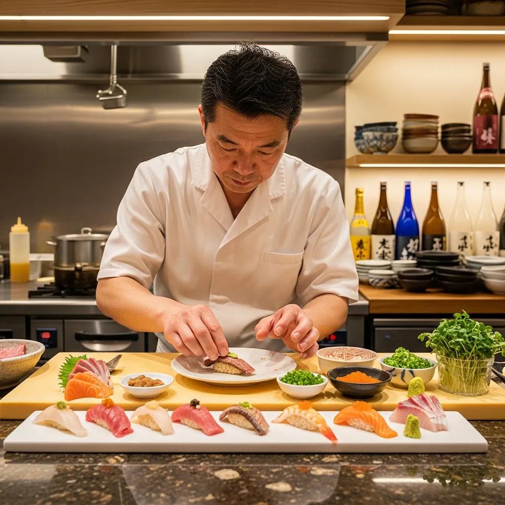Chef preparing an omakase course with high-quality ingredients and precise, artful plating in a modern kitchen
