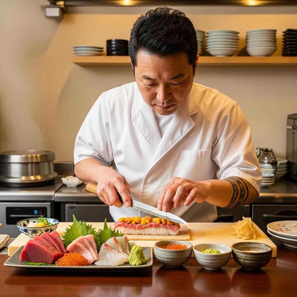 Chef crafting an omakase course with seasonal ingredients and precise plating