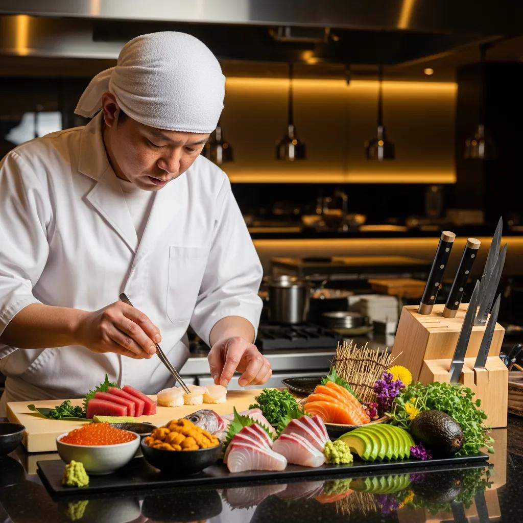 Chef preparing an omakase meal with fresh seafood and vegetables in a luxury kitchen, showcasing premium ingredients and culinary technique.