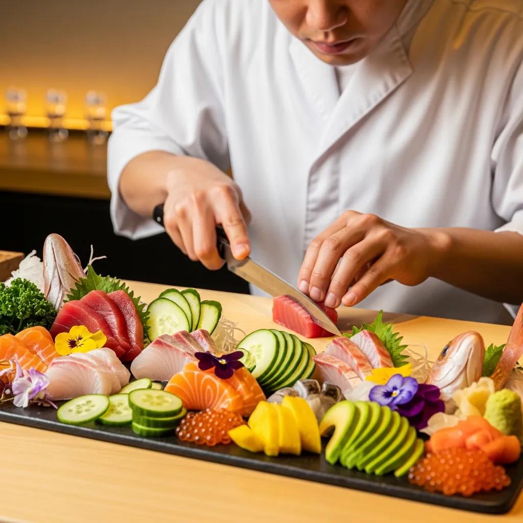 Chef preparing a seasonal omakase with fresh sashimi and thoughtful presentation