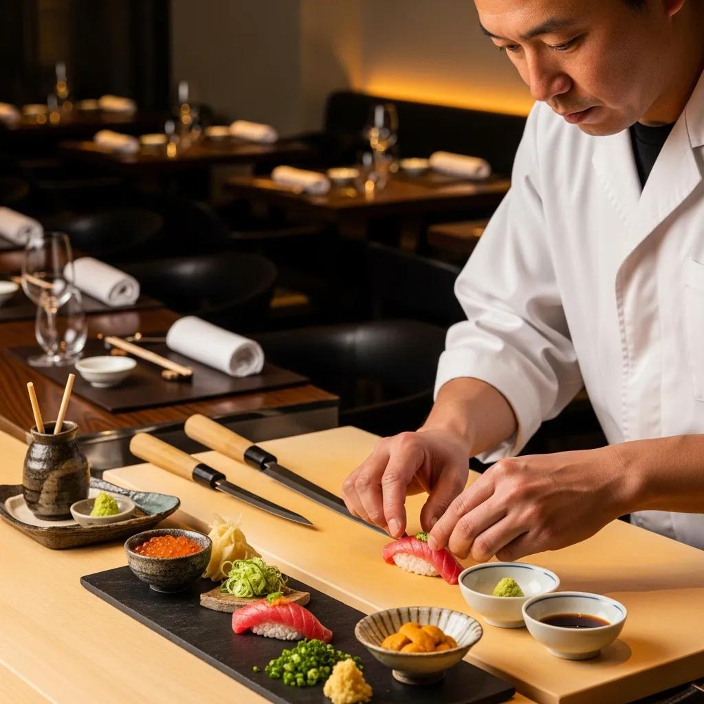 Chef assembling an omakase tasting using seasonal ingredients at Kaviar