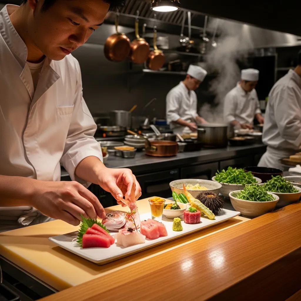 Chef preparing an omakase meal with seasonal ingredients, showcasing premium sushi and garnishes in a fine dining kitchen setting, emphasizing Japanese culinary artistry and meticulous presentation.