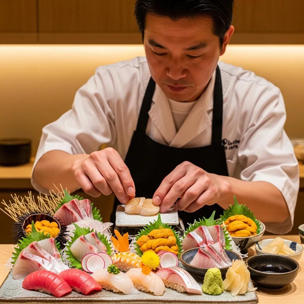 Chef preparing an omakase meal with seasonal seafood, including sashimi and uni, in an elegant fine dining setting, emphasizing artistry and technique.