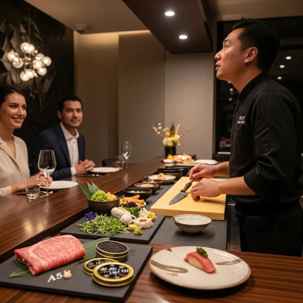Chef preparing an omakase-style tasting menu at Kaviar Restaurant