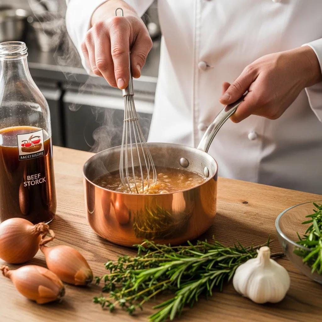 Chef finishing a classic French sauce with precise technique and fresh aromatics