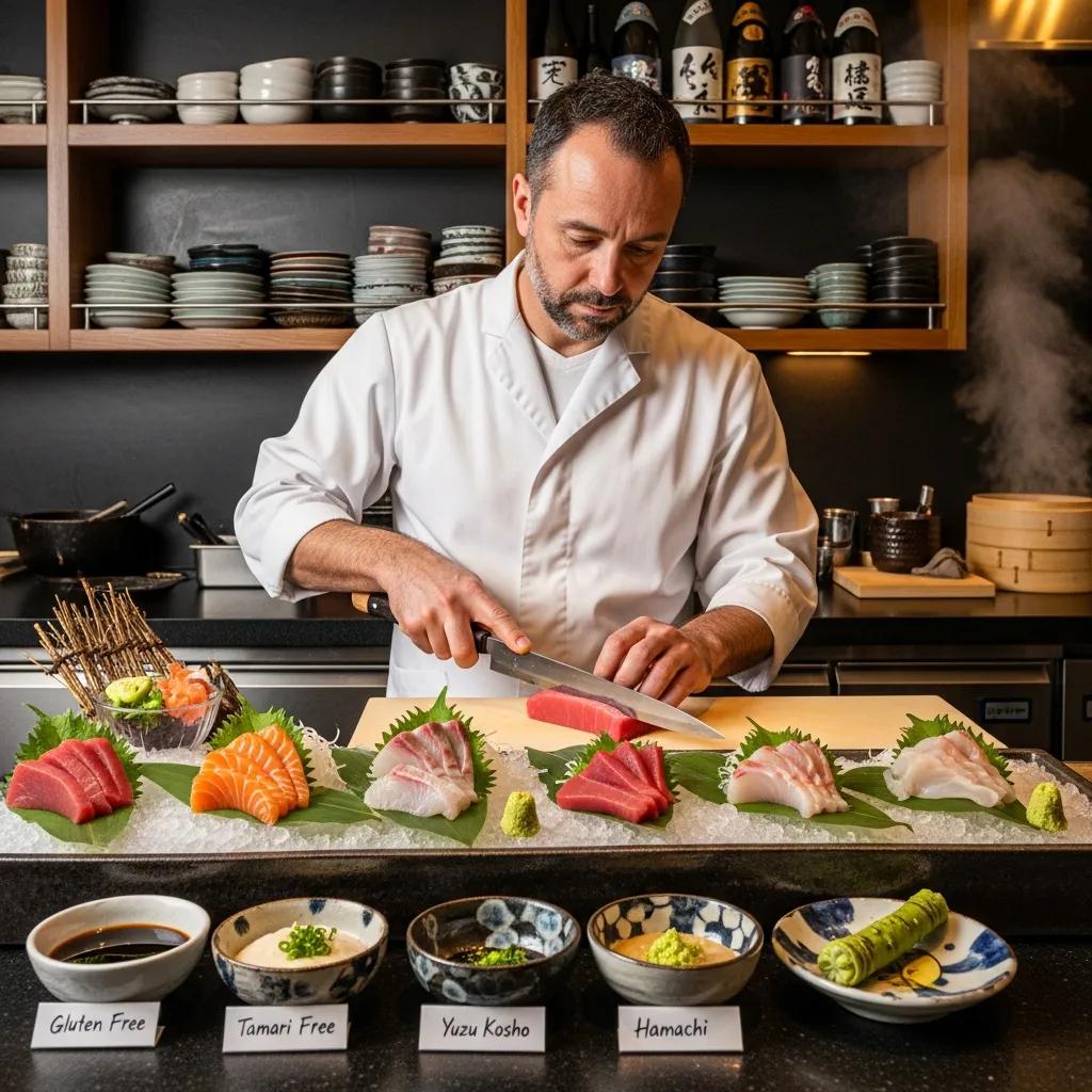 Chef preparing a gluten‑free omakase at a luxury Japanese restaurant &mdash; focused, precise plating