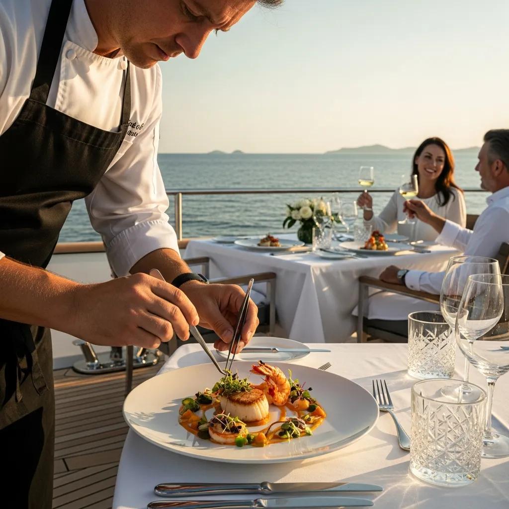Chef plating a gourmet course on a yacht while guests enjoy the experience