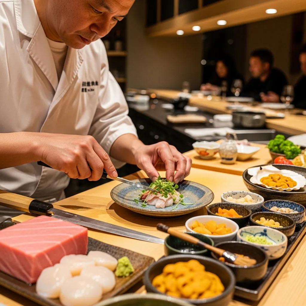 Chef arranging refined starters at an intimate omakase counter