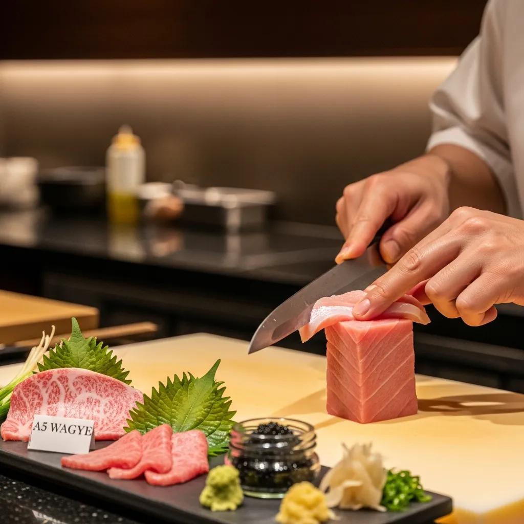 Chef preparing A5 Wagyu and fresh sashimi with seasonal ingredients in a modern kitchen, showcasing omakase culinary techniques.