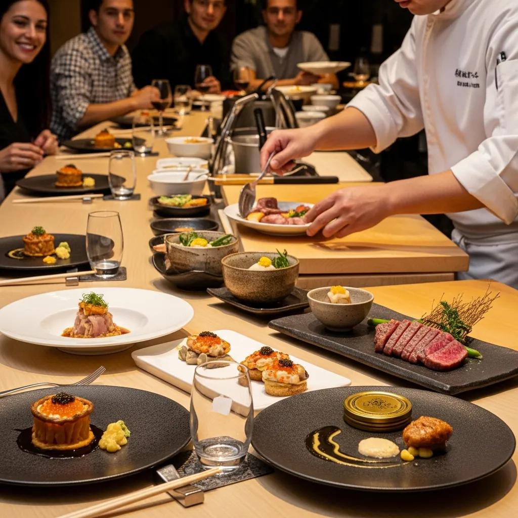 Chef preparing omakase at a counter &mdash; focused interaction and precise plating