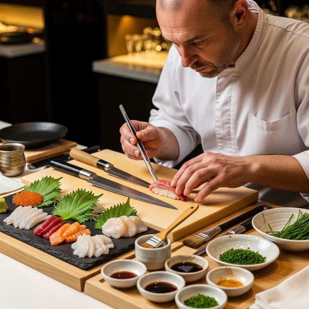 Chef meticulously preparing omakase meal with precision sushi and sashimi plating, featuring vibrant ingredients and modern culinary tools at Kaviar, Pasadena.