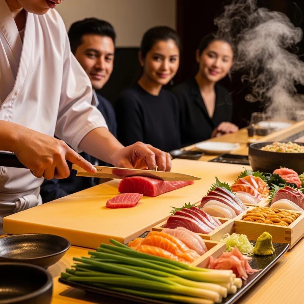 Chef preparing seasonal dishes at an omakase counter