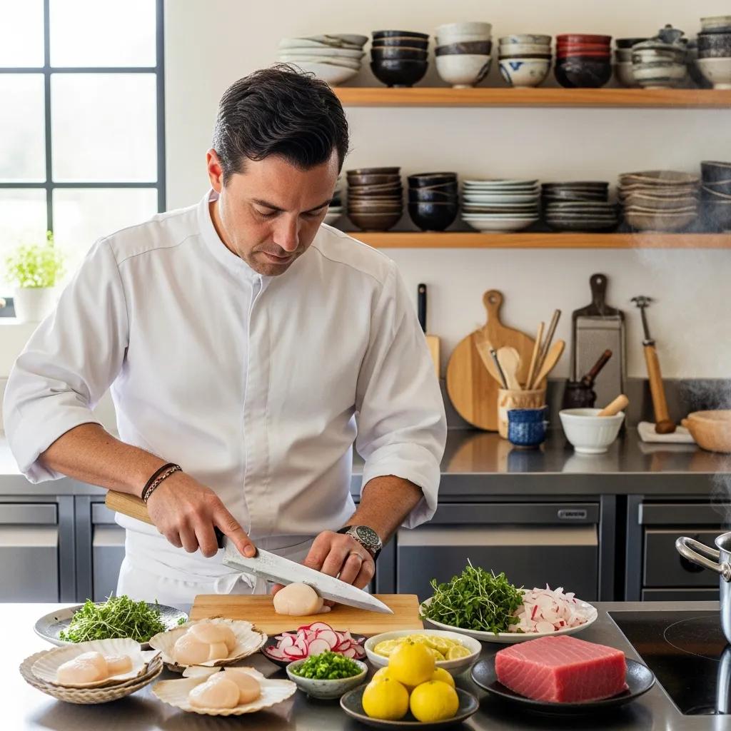Chef skillfully preparing seasonal ingredients with precision knife work in a modern kitchen, highlighting dedication to Japanese culinary techniques and omakase presentation.