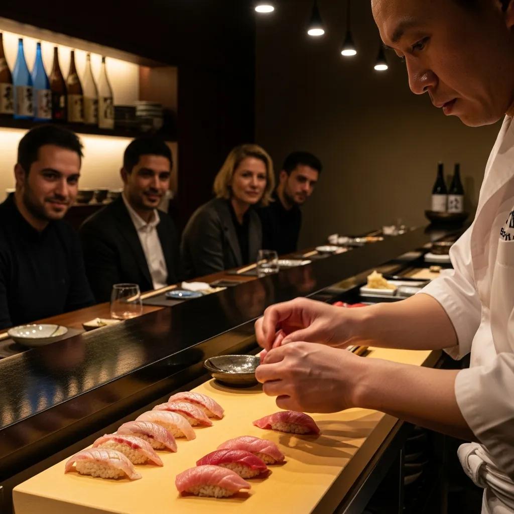 Chef preparing sushi at a Michelin-starred restaurant counter in Tokyo, showcasing culinary artistry and intimate dining experience