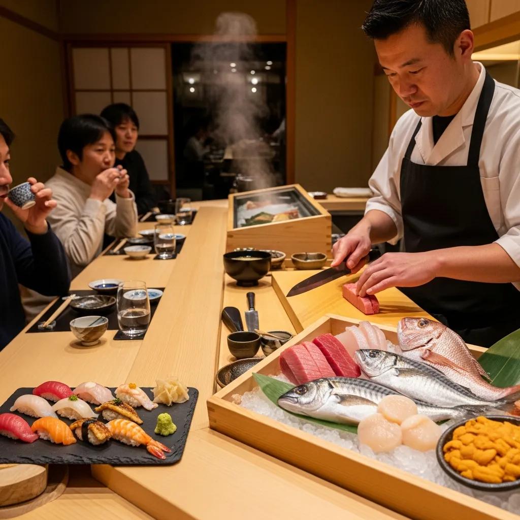 Chef preparing sushi at an omakase counter, showcasing fresh seafood ingredients and an intimate dining experience with guests enjoying their meal.
