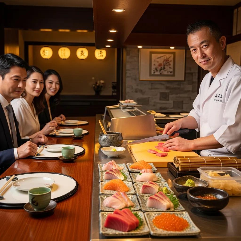 Chef preparing sushi for an omakase dining experience at Kaviar Restaurant, featuring an array of premium seafood, including sashimi and garnishes, with diners engaged in the culinary presentation.