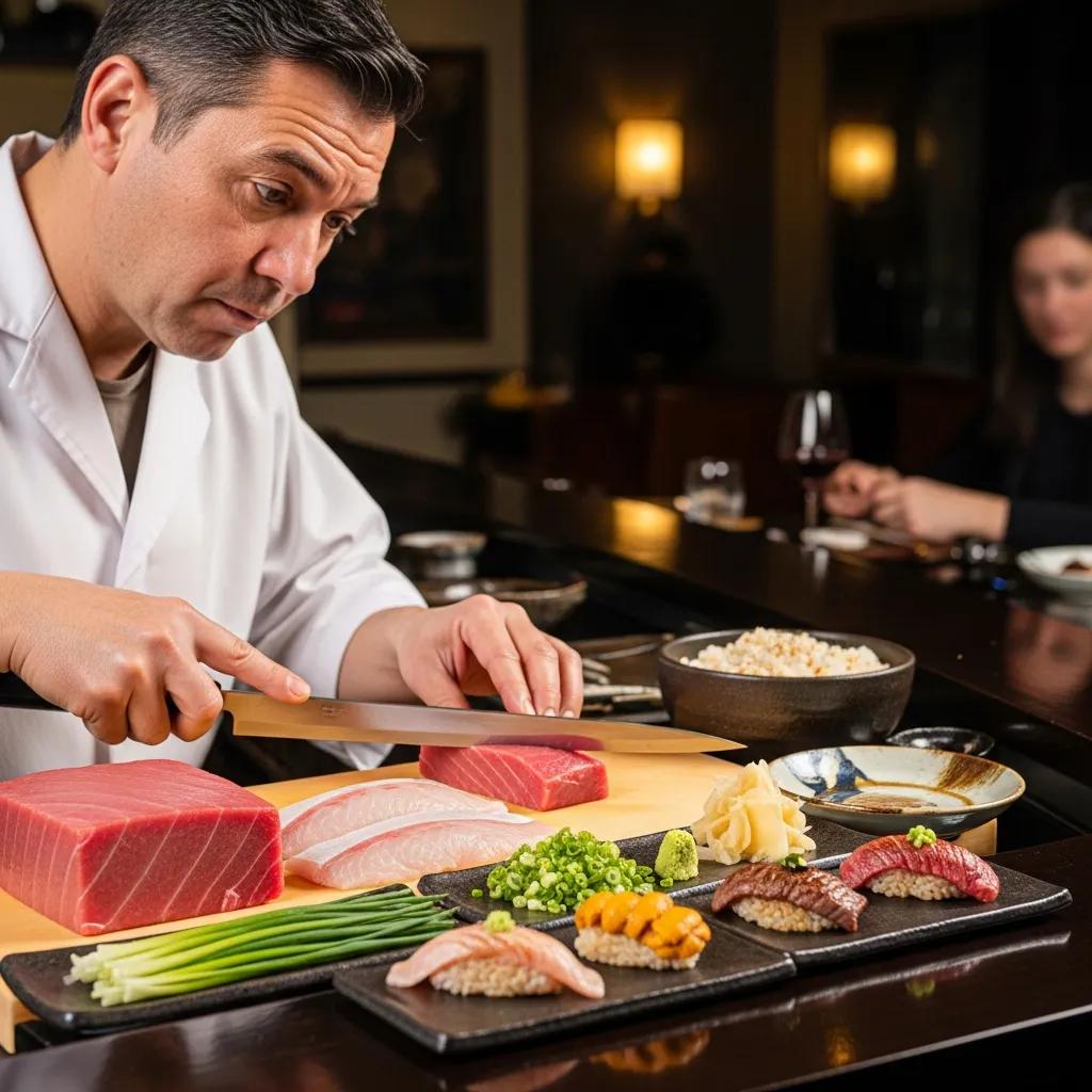 Chef preparing sushi in an intimate omakase setting, showcasing premium seafood like tuna and uni, with garnishes and accompanying rice, emphasizing culinary artistry and the luxury dining experience.