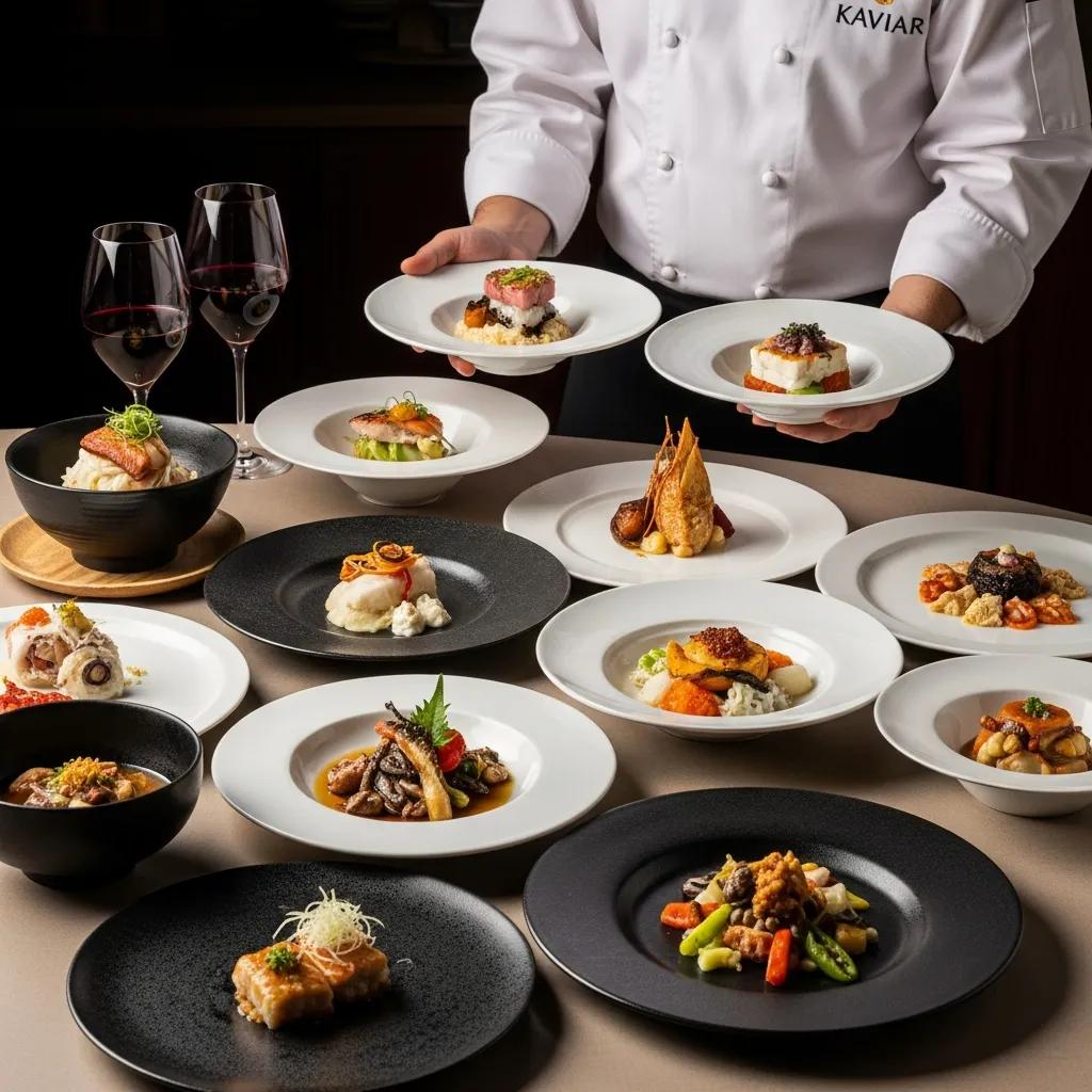 Chef presenting a refined Omakase tasting at Kaviar with seasonal plates