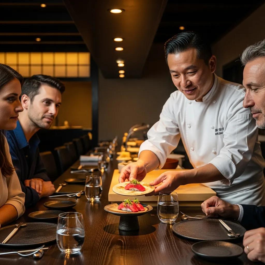 Chef presenting a multi-course omakase tasting to guests in an intimate setting