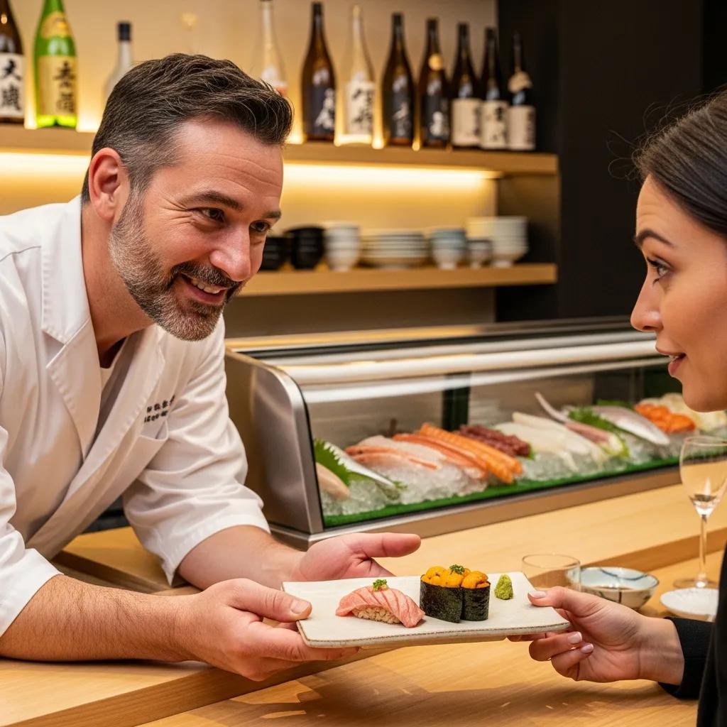 Chef presenting a personalized omakase course to an engaged guest at the sushi bar